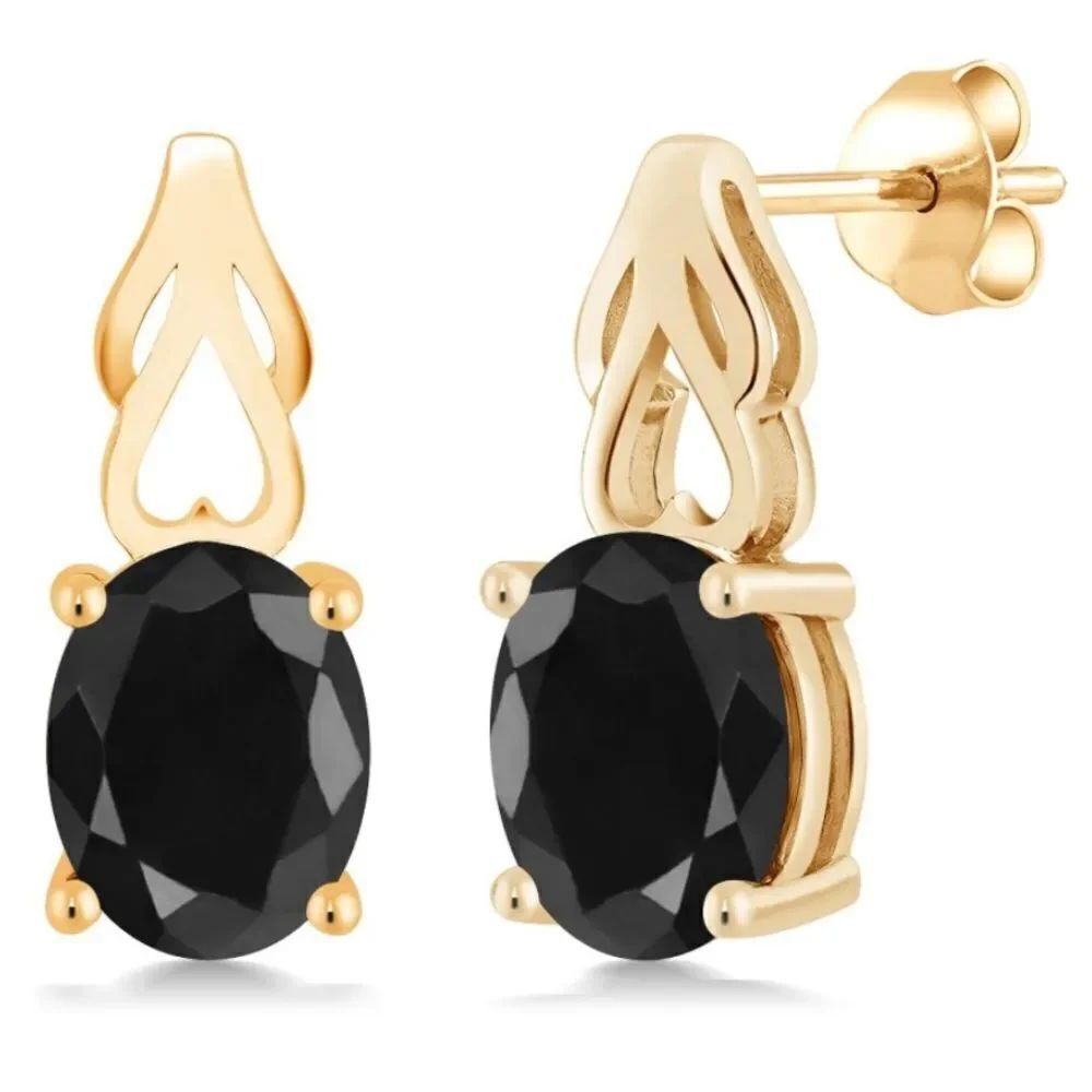 18K Yellow Gold 925 with 5.08 Cttw Black Sapphire Oval Post Back Drop Earrings